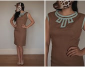Vintage 60s Mod Brown Linen Shift with Geometric Collar in Baby Blue by Petti As- sz M