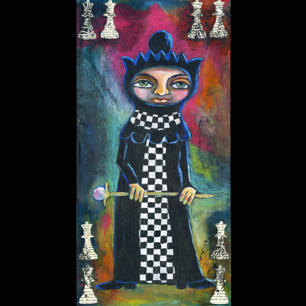 Chess Queen, Original 10 x 20 Mixed Media  Acrylic Painting on Canvas, Modern Contemporary Folk Art, Children Home Decor