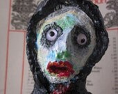 Zombie in Black Hoody, Paper mache paper clay hand painted OAAK primitive folk art figurine for home decor, Undead, creepy cute