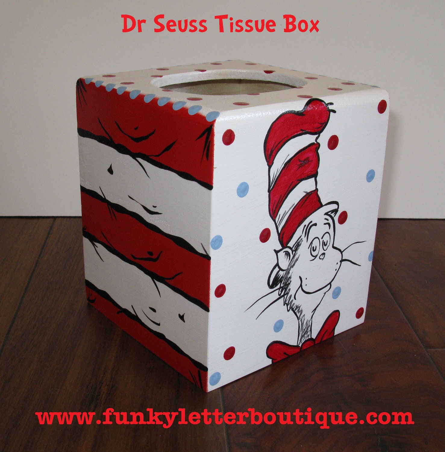 Dr. Seuss Cat in the Hat Wooden Boutique Hand Painted Kleenex Tissue Box