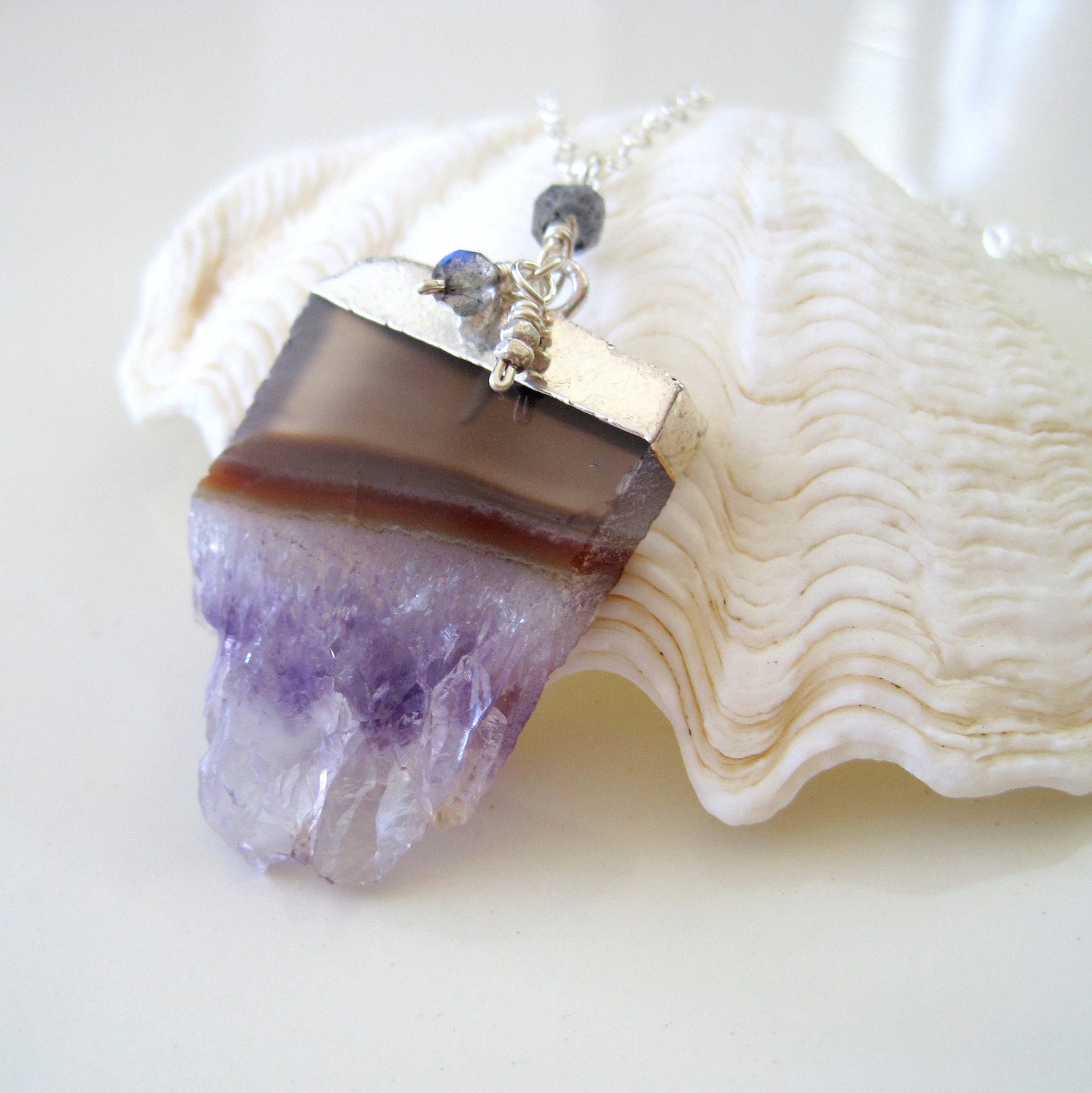 Amethyst druzy necklace with sterling silver and labradorite - ready to ship