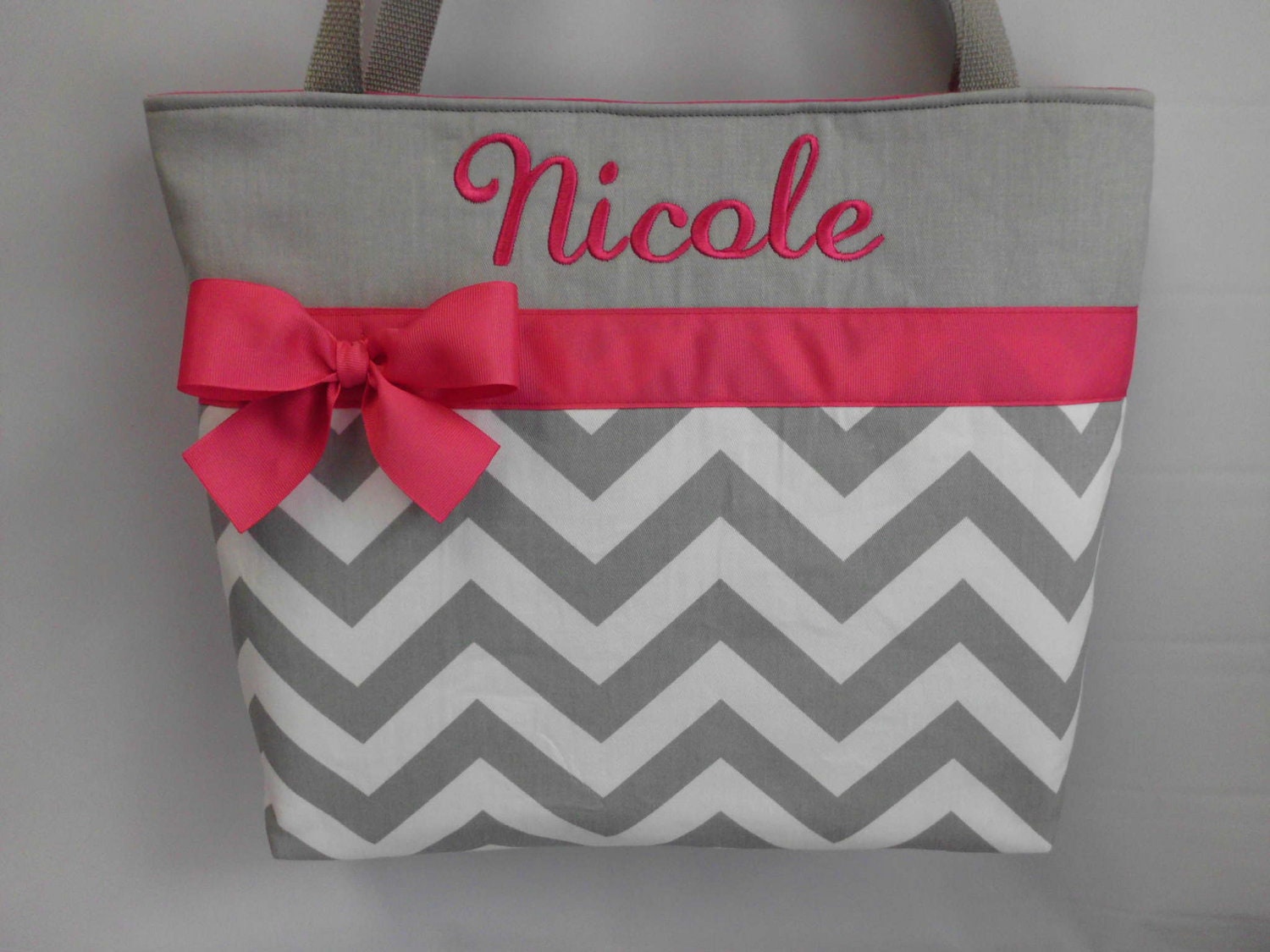 NEW ....CHEVRON  in Gray .. ..Hot  PINK Accents   ... Monogrammed  FReE