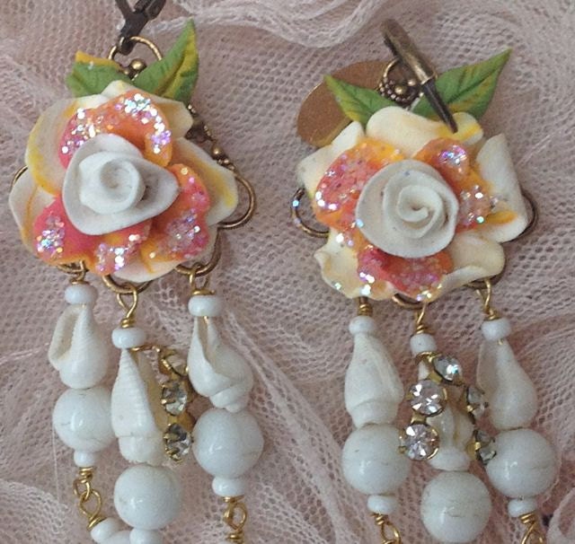Lilygrace White Rose Trail Earrings, with Vintage Rhinestones, Shell and Vintage Glass Beads