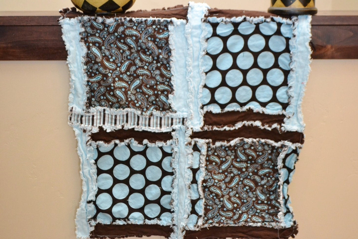 RAG QUILT, Lovey, Small Baby Blanket, Blue and Brown Polka Dot, Paisley, Ready to Ship