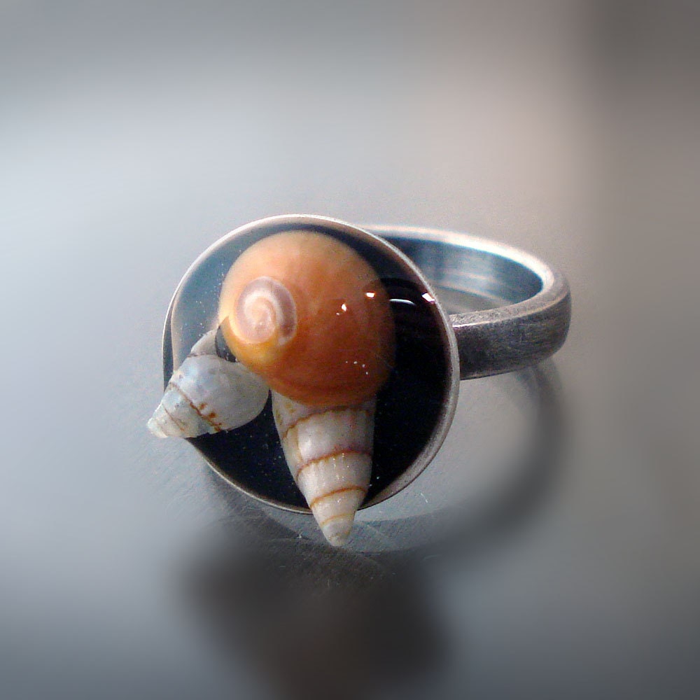Oxidized Sterling Silver Seashell Ring - Tiny Beach Shells - Tide Pool Ring