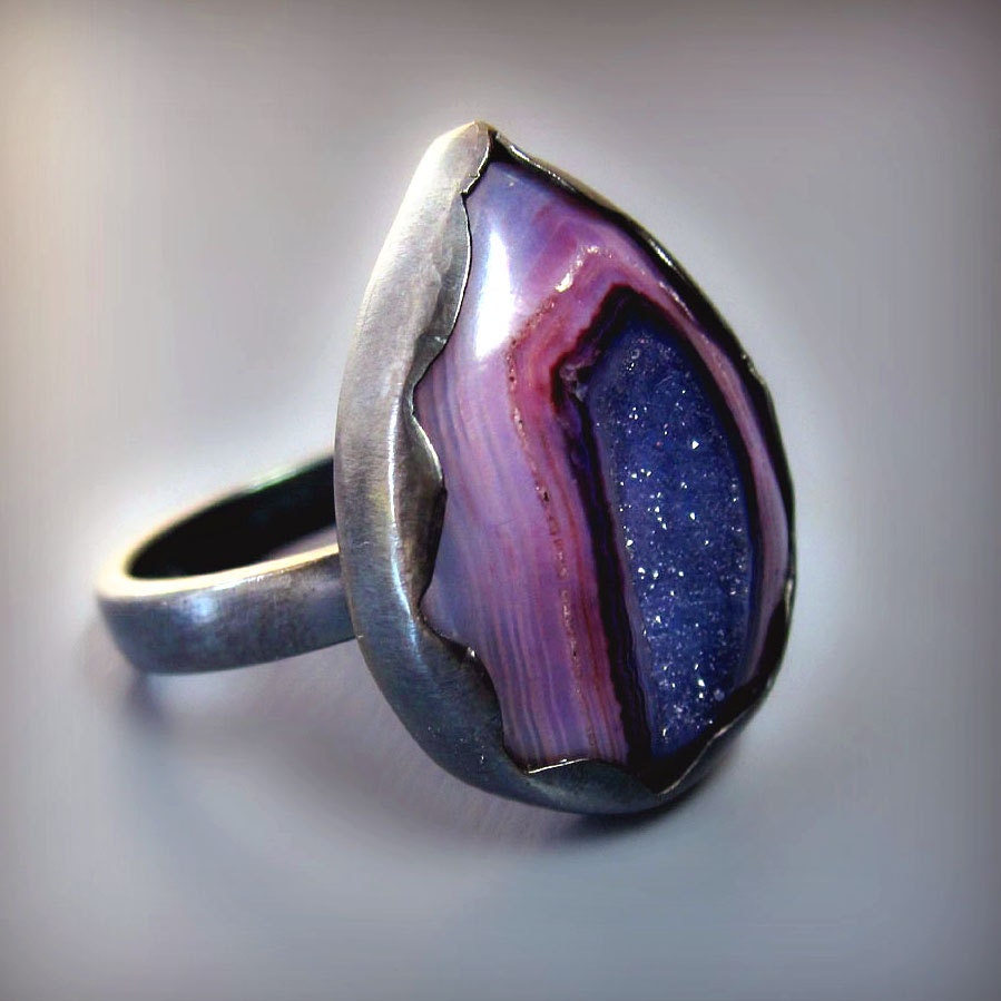 Druzy Jewelry - Purple Druzy Ring - Druzy Agate Cabachon with Oxidized Sterling Silver Statement Ring
