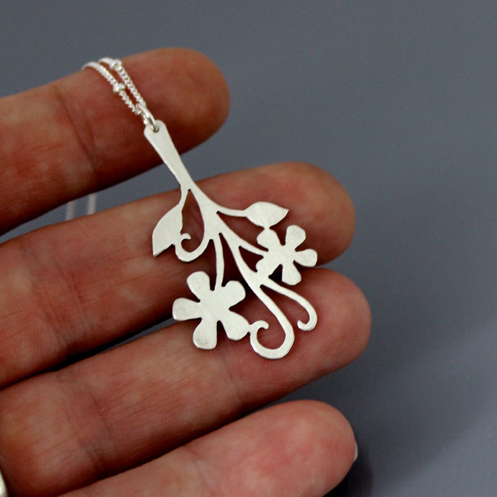 Brushed Silver Flower Necklace - Floral Branch - Nature Jewelry