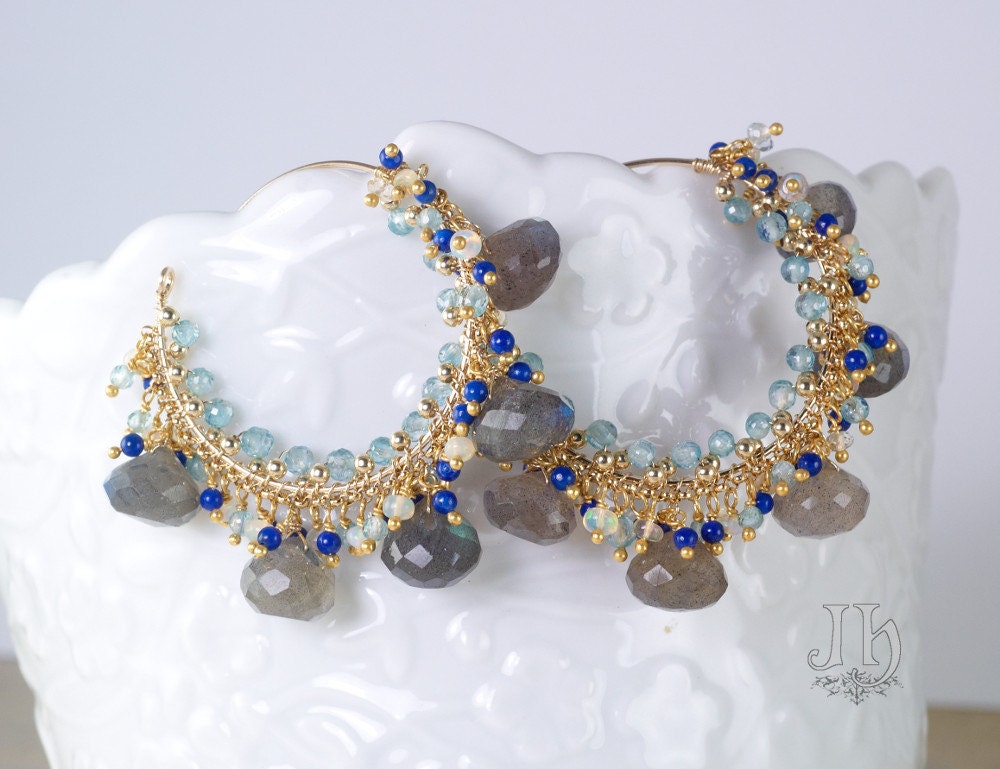 Rosewater Earrings ... Labradorite, Lapiz Lazuli, Blue Zircon, Ethiopian Opal, 14k Gold Filled hoop