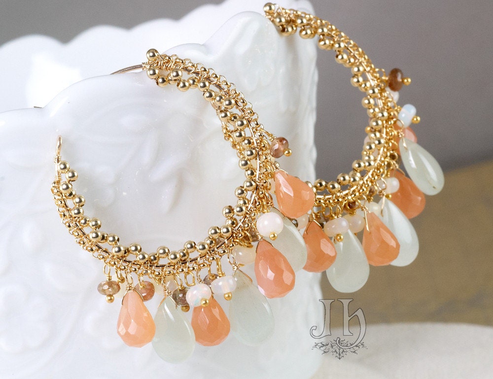 Dalila Earrings ... Milky Blue Aquamarine, Peach Moonstone, Ethiopian Opal, Andalusite, 14k gold filled hoop