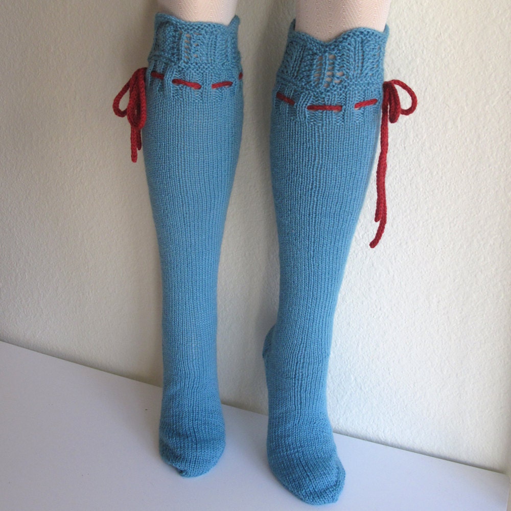 Knee High Socks Turquoise Merino Wool Lace with Red Ties hand knit