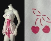 CHERRIES Novelty Print Vintage Rockabilly Lounging Swimsuit NOS