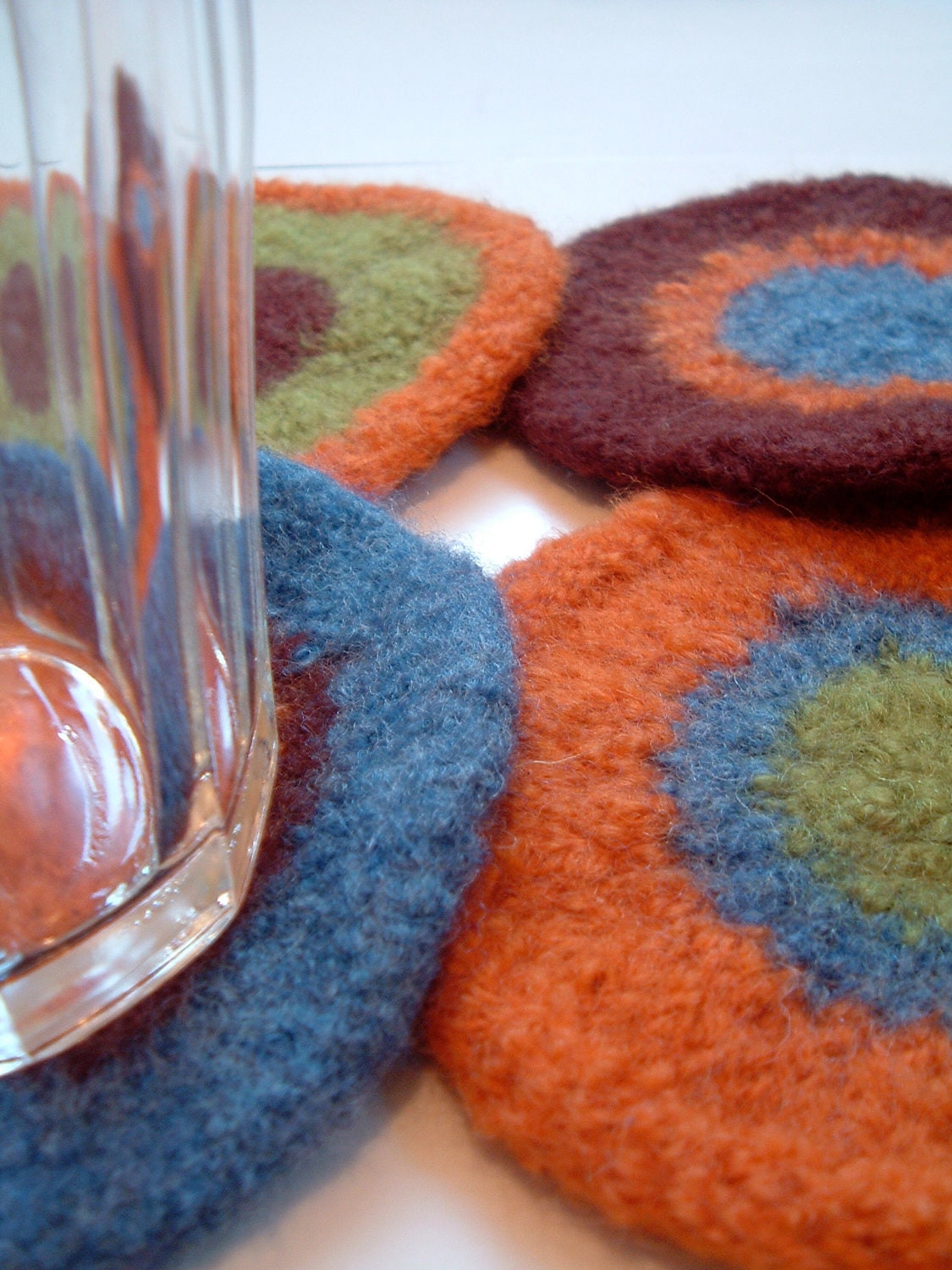Hand-knit Felted Coasters - Orange, Brown, Blue, Green