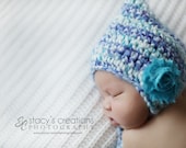 Crochet Baby Girl Hat, Crochet Girl Hat, Crochet Baby Bonnet, Girl Newborn Hat, Infant Pixie Hat, Blue