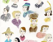 French ladies of fashion 1955.  Limited edition print of an original watercolor painting by Vivienne Strauss.