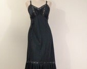 50s Lace and Crystal Pleated Full Slip Navy Blue    Medium Large