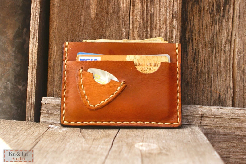 Personalized Little Thin mens wallet pick guitar brown card case / Men Valentines / Gift for Him