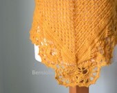 Mustard crochet shawl with royal trim  H822