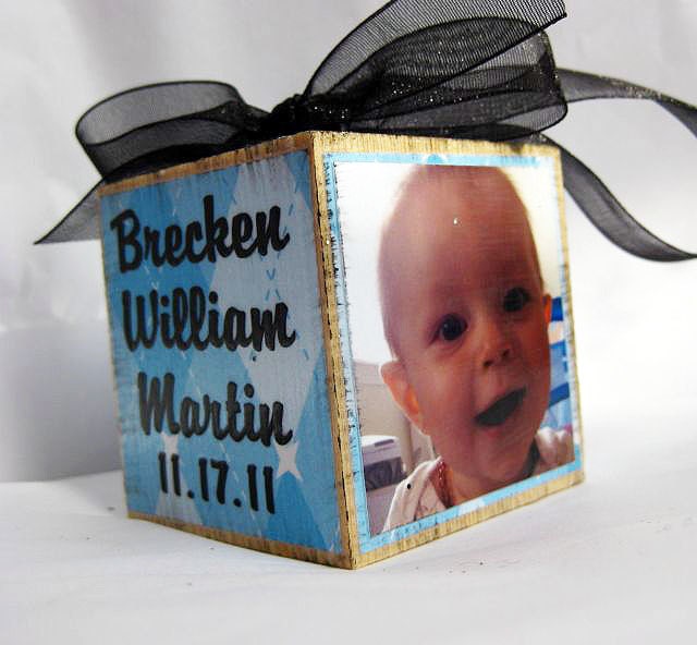 Personalized Baby's First Christmas Photo Block Ornament in Blue Diamonds..