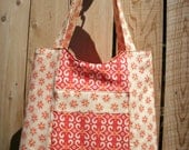 Tangerine Daisy and Cream Paneled Tote Book Laptop Craft Bag with Pockets