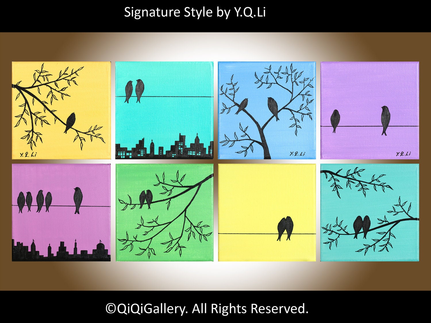 Contemporary  Landscape Handmade Painting Pastel Eight Squares Art Original Love Birds Trees "Mix and Match Suburban Birds"