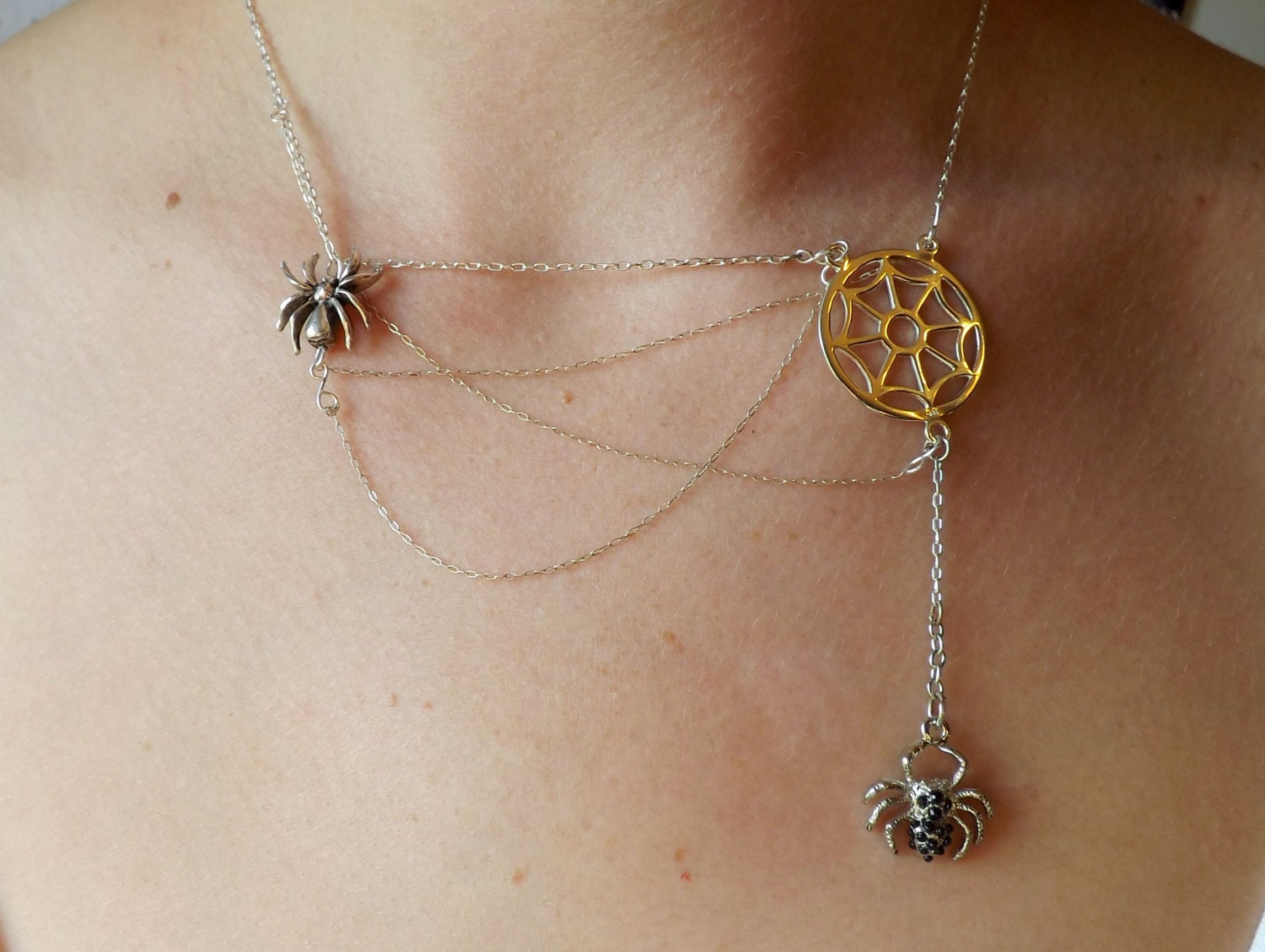 Spider's Web Necklace featuring two spider charms FIRST DAY SPECIAL 15% Off