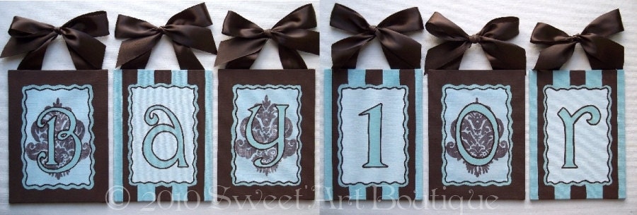 Aqua Blue Brown damask stripes 8x10 custom canvas letter name sign wall monogram initials art hand painted BOY chocolate