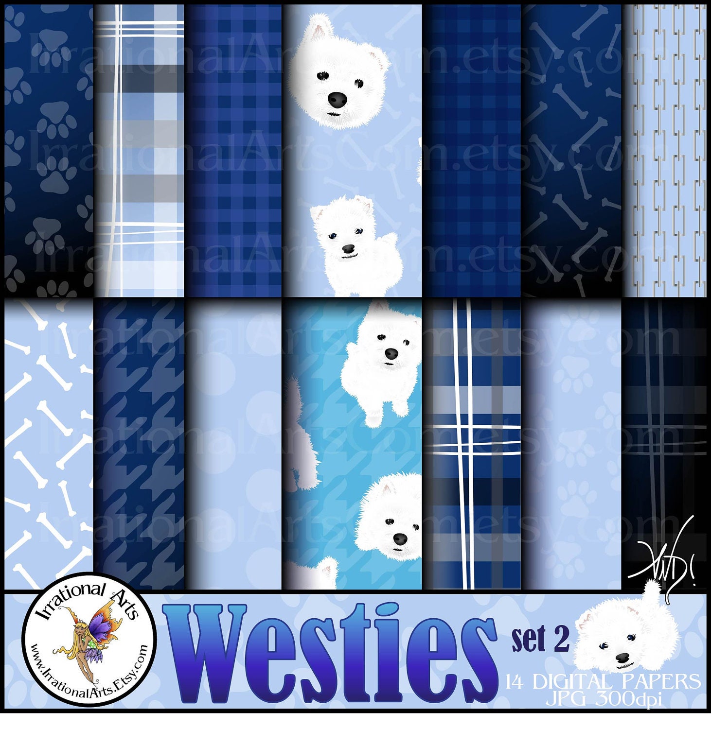 Westie Dog set 2 INSTANT DOWNLOAD 14 digital papers with 10 Westie dogs & 3 faces houndstooth madras plaid paw prints dog bones dots