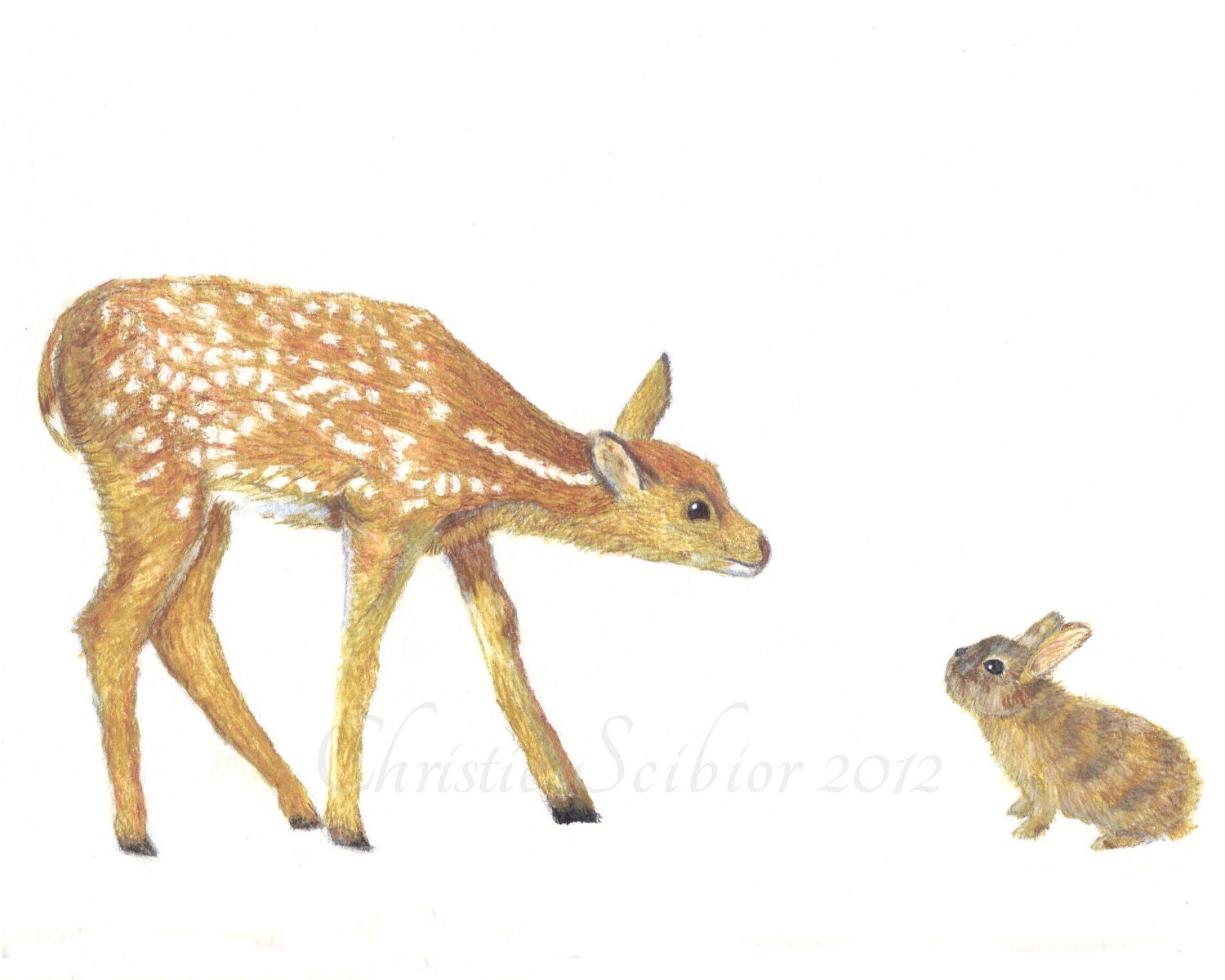 Animal Art Print Deer Fawn & Bunny Rabbit Wildlife Watercolor painting Wall Art Home Decor Childrens room nursery baby 5x7 Archival - ChristieScibior