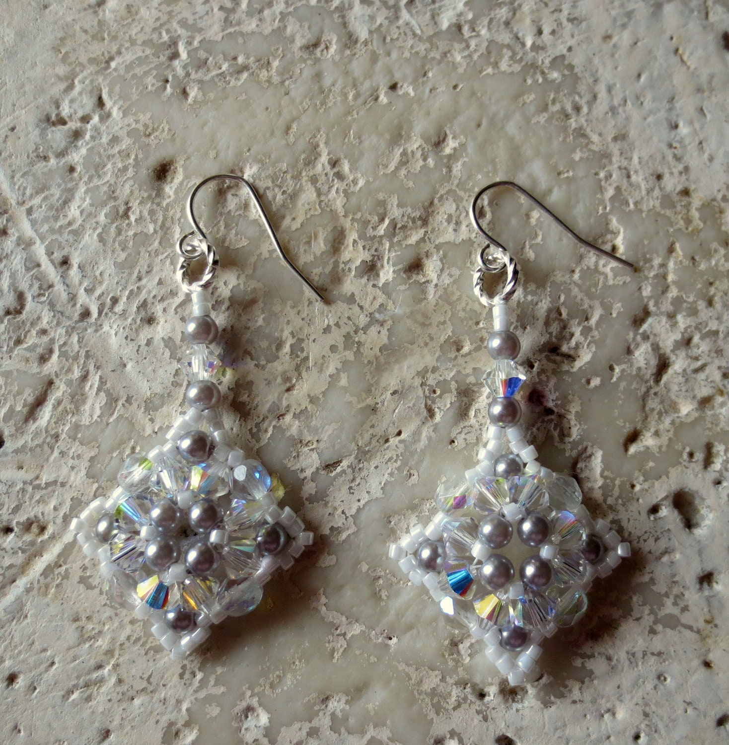 Swarovski Crystal and Pearl Snowflake Inspired Square Motif Earrings