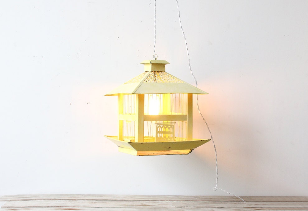 Antique Yellow Hendryx Metal Birdcage Hanging Light with Fabric Cord