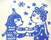 Winter wonderland Print- Original Linocut print- I love you/ Valentines