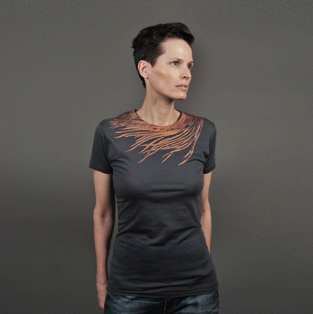 Womens T shirt, Spring Fashion - Peacock Feather - Bronze Copper Feather - Alternative Apparel Grey Tshirt