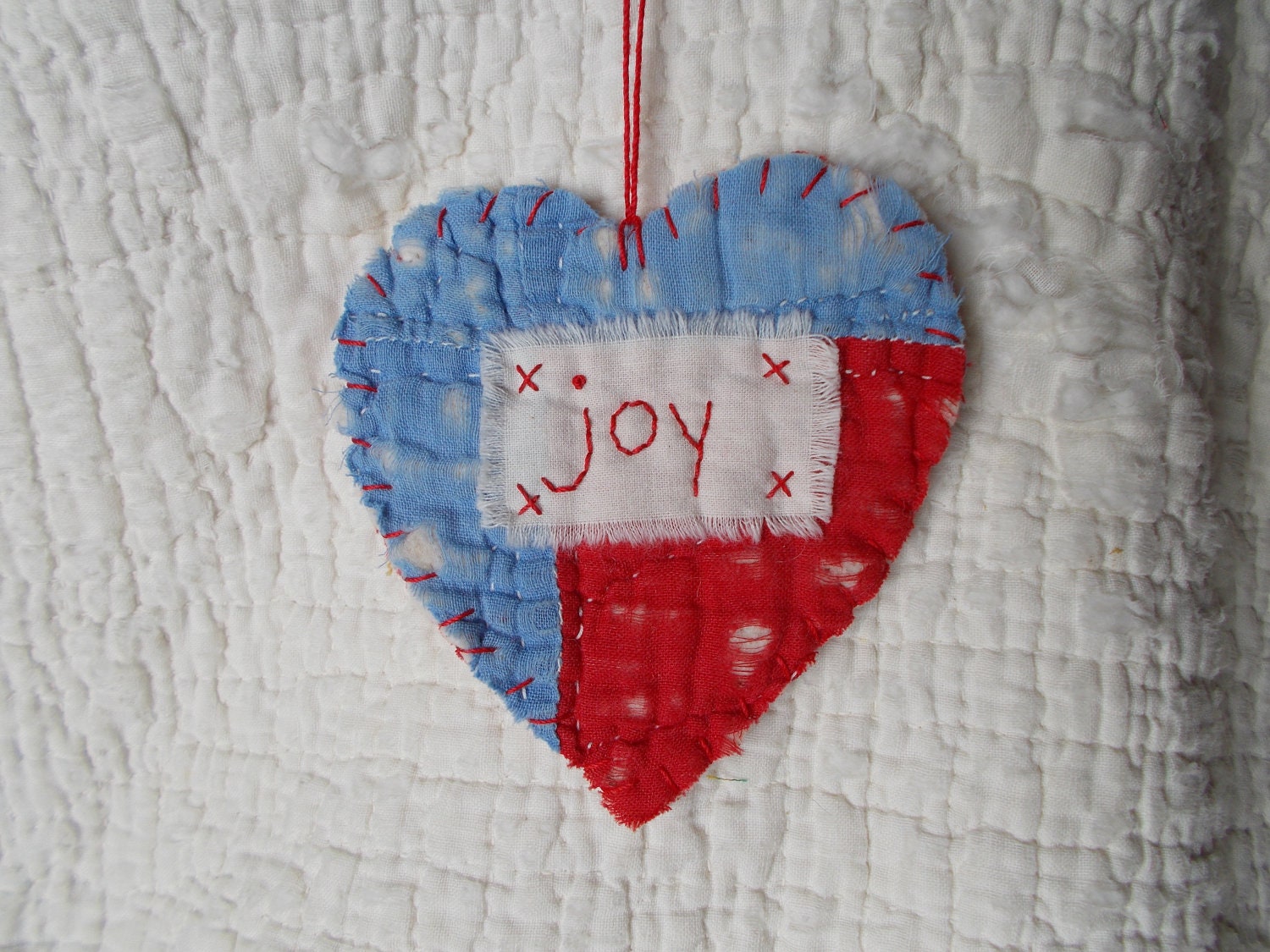 Wordz From the Heart Snippet Ornament - JOY - Stitched From Recycled Vintage Quilt Piece