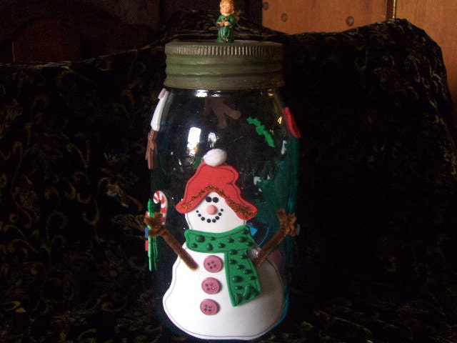 Vintage Christmas Jar Glass Storage Jar Treat Jar Candle Holder