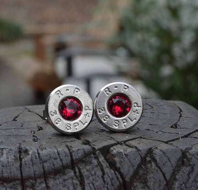 Bullet earrings stud or post, nickel silver R-P Remington Peters .38 special with July Birthstones