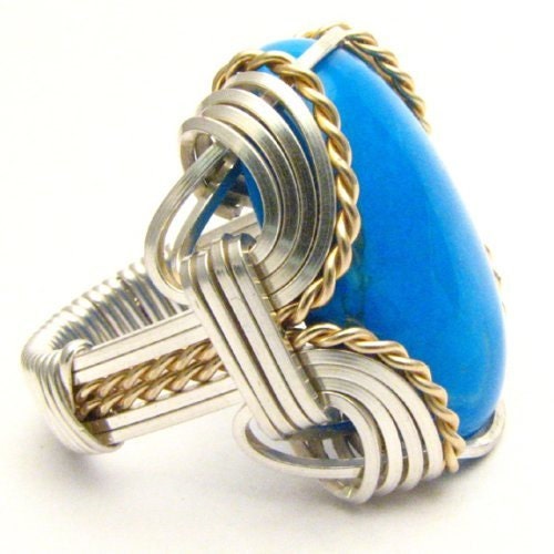 Handmade Wire Wrap Sterling Silver/14kt Gold Filled Howlite Dyed Turquoise Ring