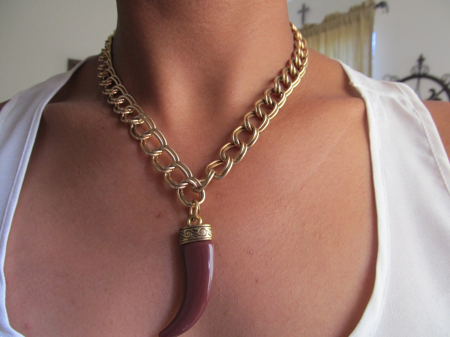 Brown horn necklace with vintage brass chain