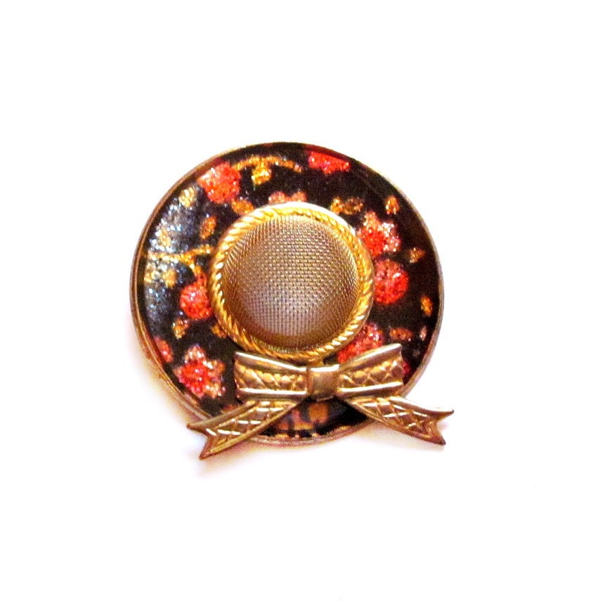 Enamel Hat Pin, Gold Mesh Brooch