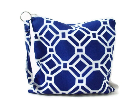 Zippered Utility Pouch - Geometric Blue and White