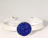 Blue Druzy Titanium Silver Bezel Cuff Bracelet Adjustable