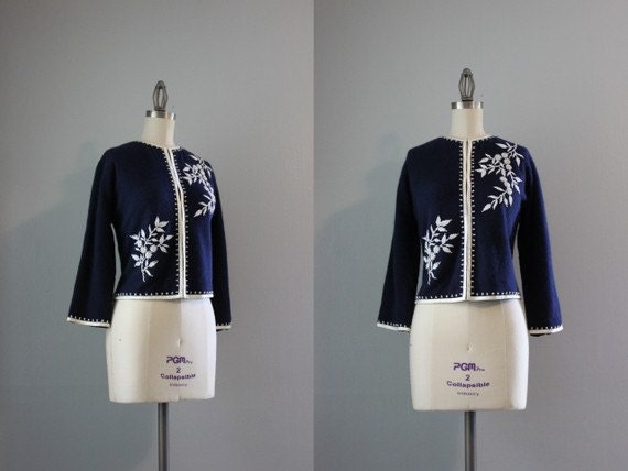 50s Beaded Cardigan / Vintage 1950s Navy Wool Sweater / 50s 60s Cardigan