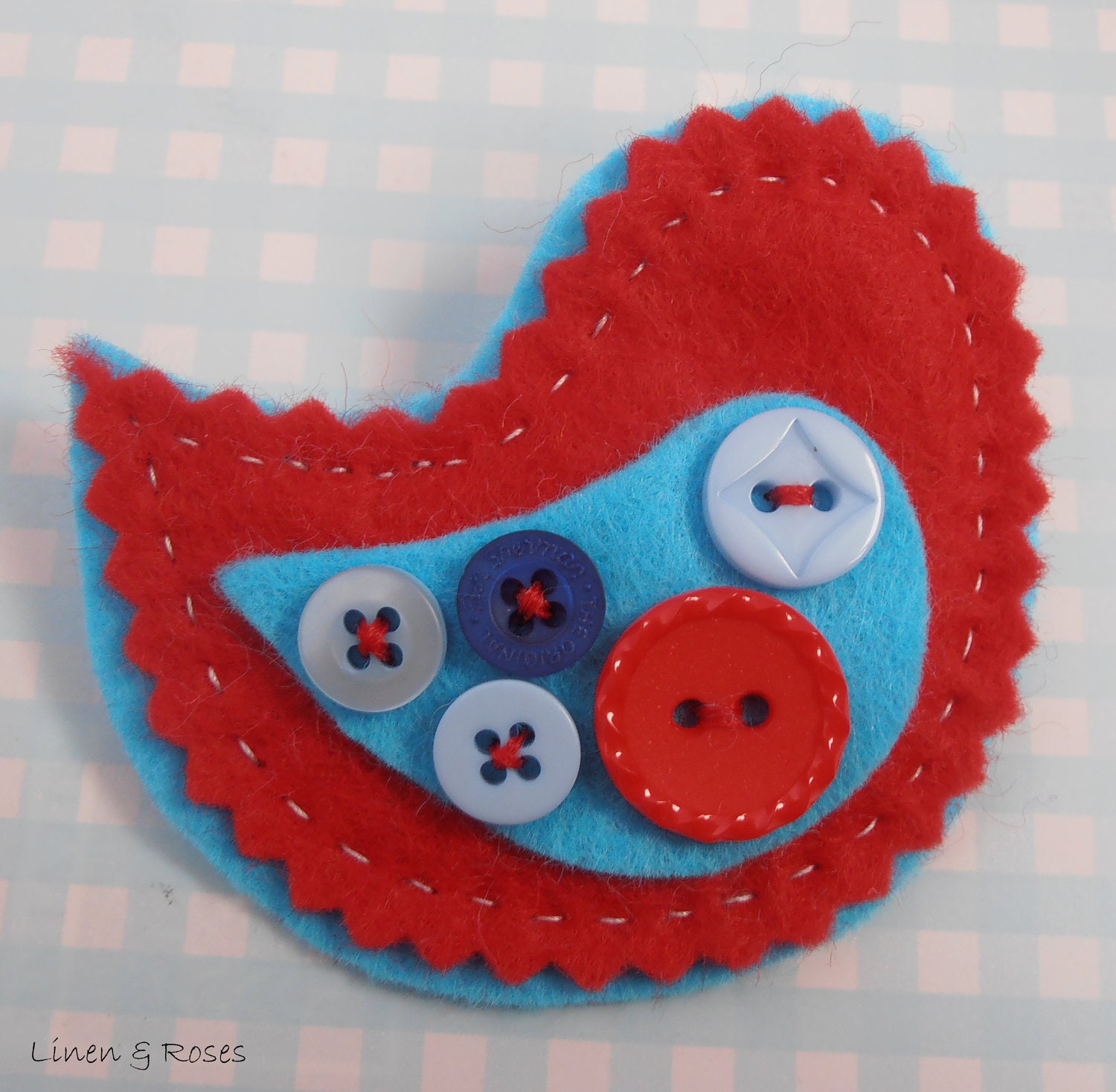 Red and turquoise litte birdy felt brooch with button detail