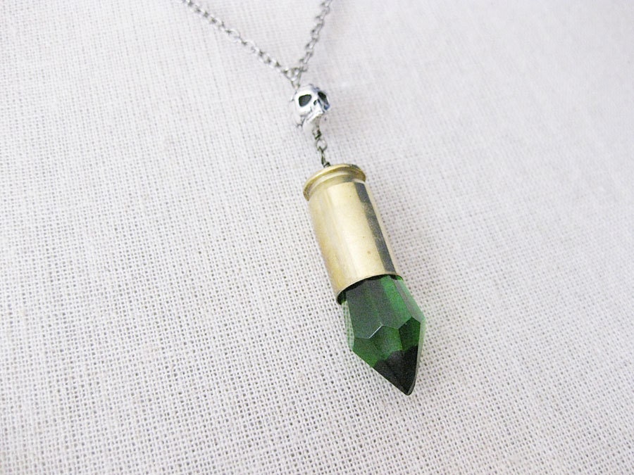 Dominia Necklace - Brass bullet casing and Green crystal