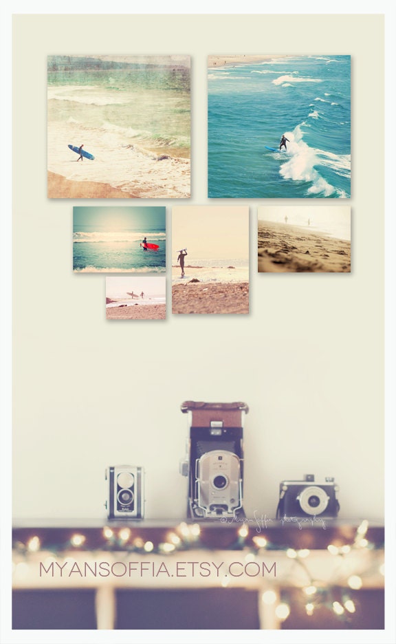 as seen on Modern Family. surfer photograph. Liquid Courage red surfboard white mint blue beach California seaside, for him, dorm decor
