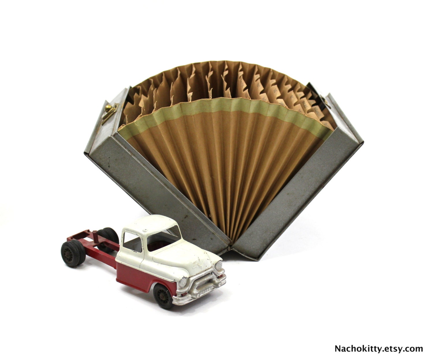1940s Office Metal File Box with Accordion Files & Clasp Industrial Decor
