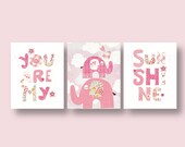 Nursery art, baby nursery decor, nursery wall art, Kids art, kids decor, pink, elephant, words, Set of 3, 8x10 Prints - You Are My Sunshine