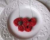 Coral rosette fabric flower bib statement jewelry  with rhinestones for your Valentine