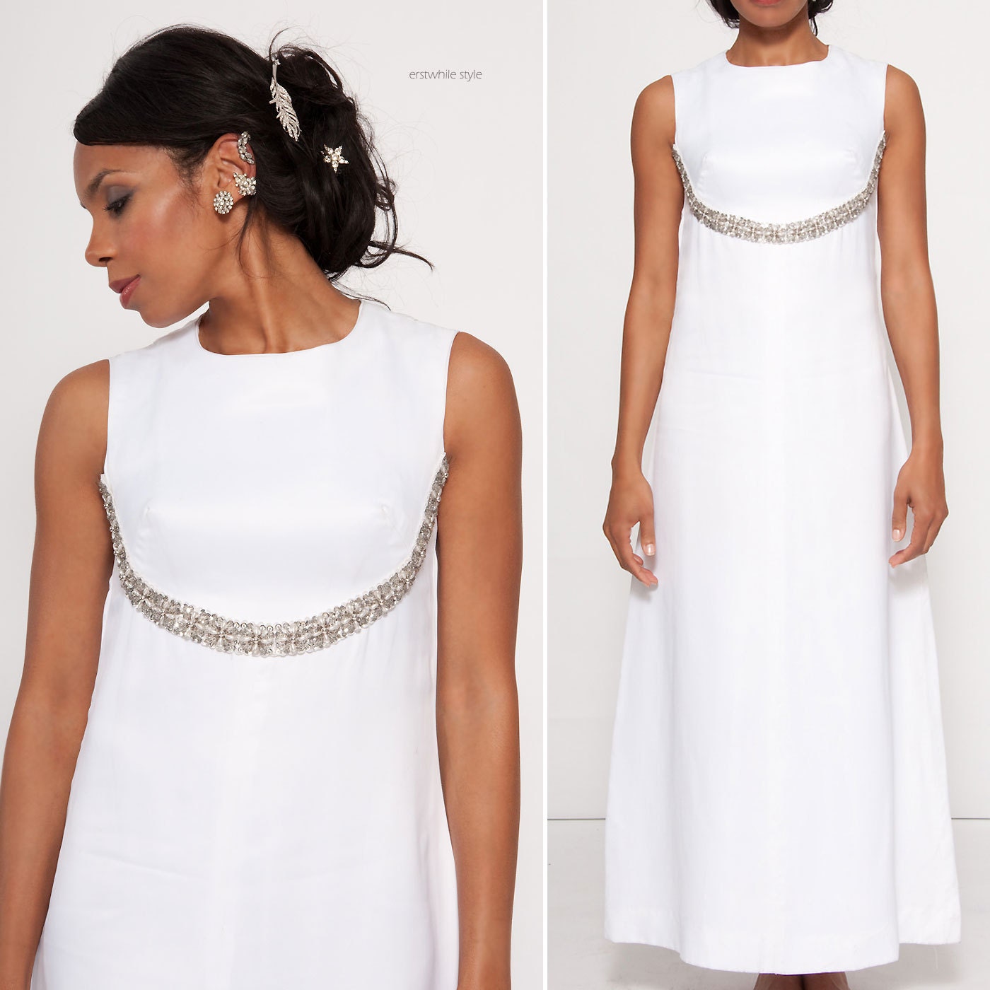 1960s White Satin Rhinestone Pearl Wedding Dress SM