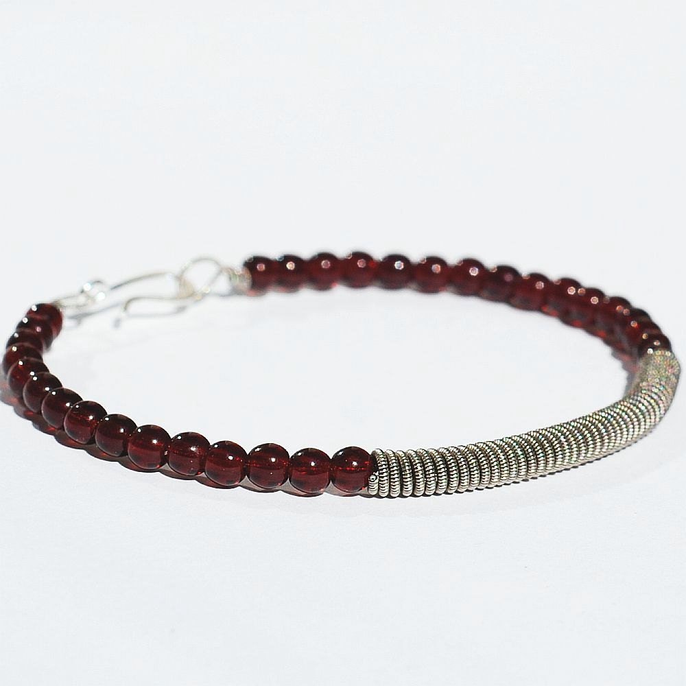 Guitar String Bracelet- Upcycled Silver and Garnet Red Beaded Jewelry