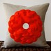 Red Flower Pillow Cushion in Natural Linen with Button Center by JillianReneDecor Bright Summer Home Decor - Gift for Her